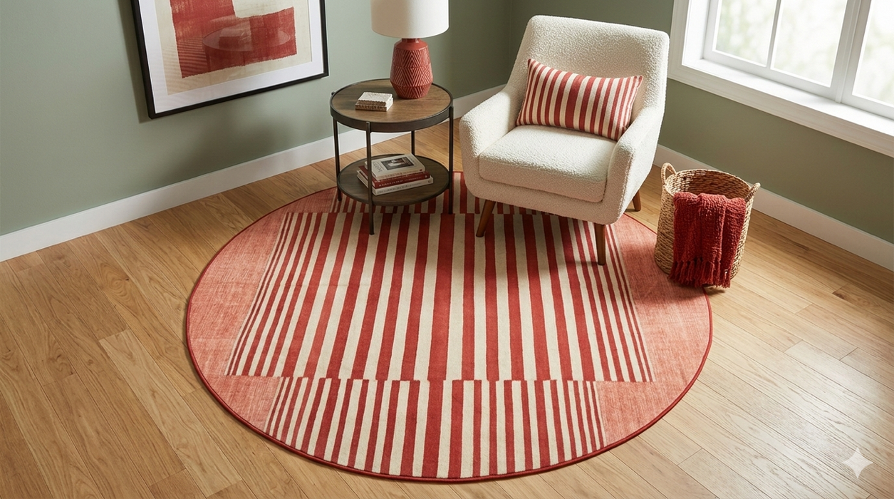 6' Round Red Ivory Striped Modern Contemporary Area Rug featured in a cozy reading nook with an accent chair and round side table.