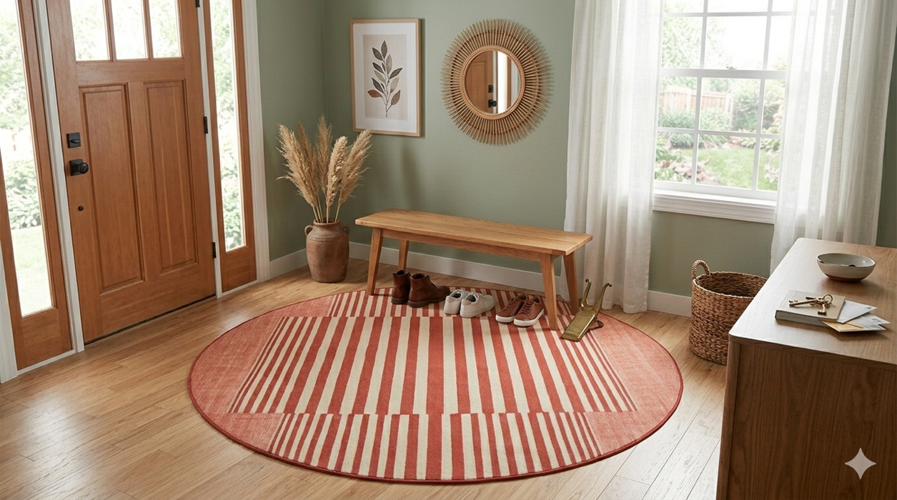 6' Round Red Ivory Striped Modern Contemporary Area Rug styled in an entryway with bench seating and natural décor accents.