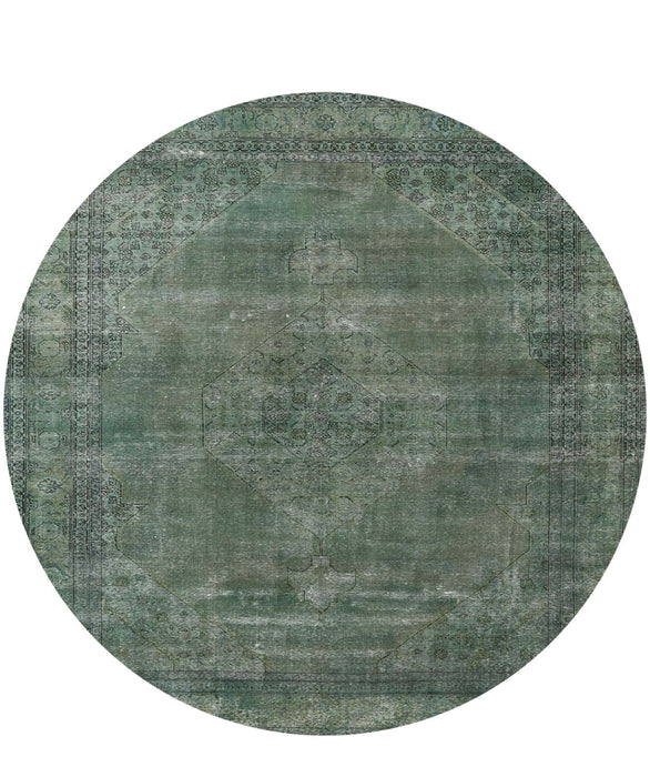 6' Round Sage Green Distressed Oriental Vintage Area Rug isolated on a white background.