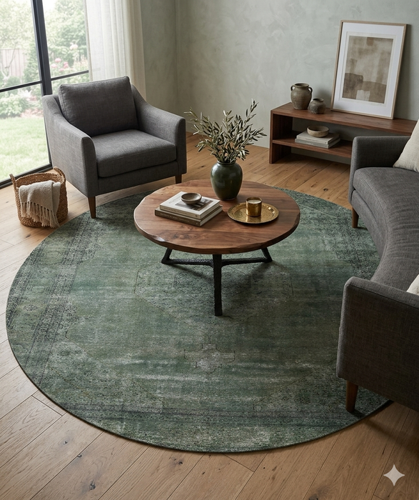 6' Round Sage Green Distressed Oriental Vintage Area Rug styled in a cozy living room with modern wood furniture and neutral seating.