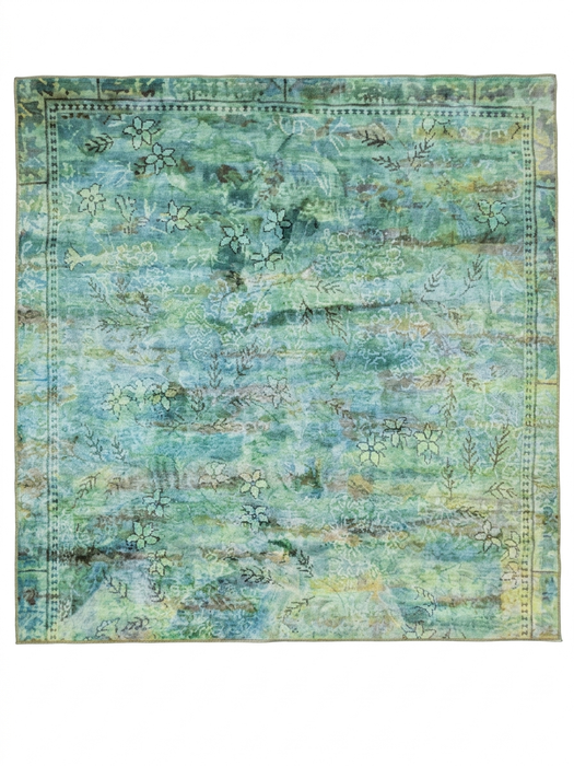 6' x 6' Square Blue Green Distressed Floral Vintage Transitional Area Rug isolated on a white background.