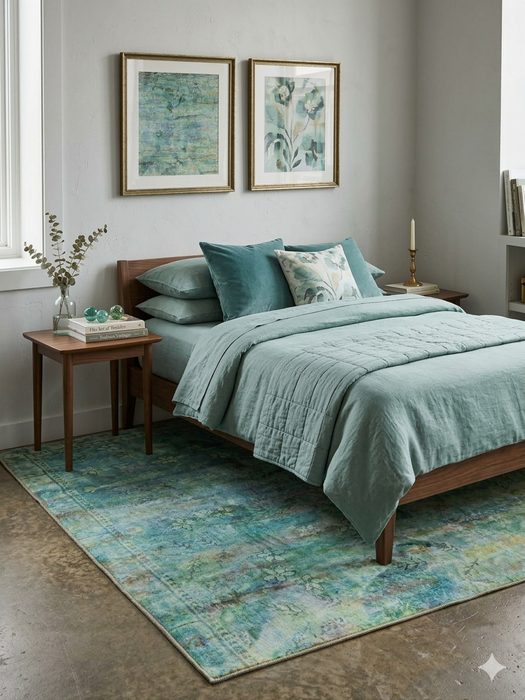 6' x 6' Square Blue Green Distressed Floral Vintage Transitional Area Rug styled in a bedroom with matching blue-green bedding and natural wood furniture.