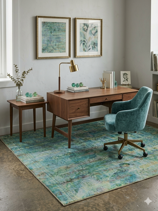 6' x 6' Square Blue Green Distressed Floral Vintage Transitional Area Rug styled in a home office with a wooden desk and coordinating decor.
