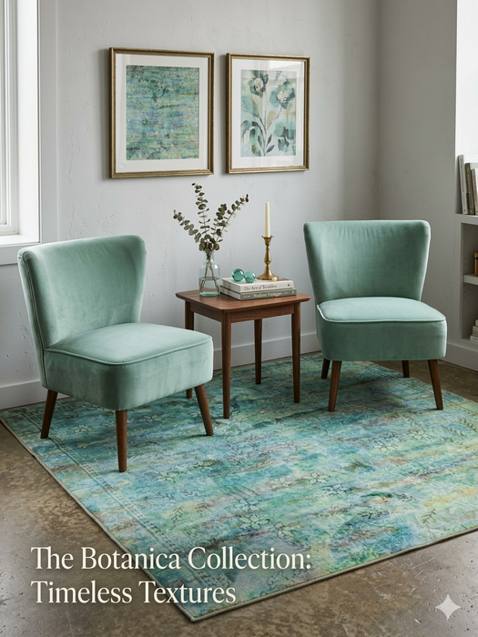 6' x 6' Square Blue Green Distressed Floral Vintage Transitional Area Rug styled in a seating area with accent chairs and botanical wall art.