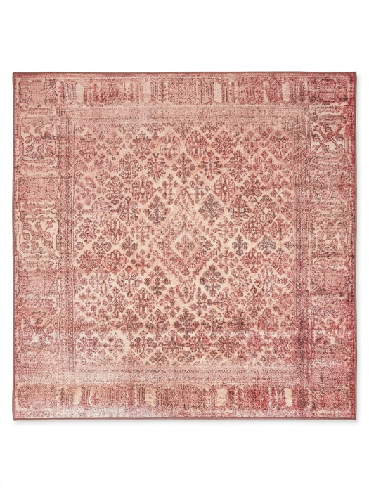 6' x 9' Rectangular Red & Pink Distressed Abstract Modern Area Rug styled in a dining room with a wooden table and upholstered chairs.