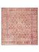 6' x 9' Rectangular Red & Pink Distressed Abstract Modern Area Rug styled in a dining room with a wooden table and upholstered chairs.