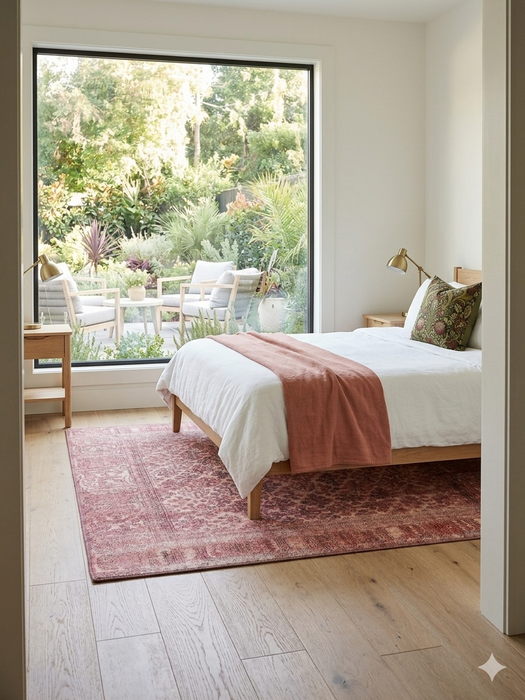 6' x 6' Square Blush Pink & Ivory Distressed Floral Traditional Area Rug styled in a bedroom with light wood furniture and soft neutral bedding.
