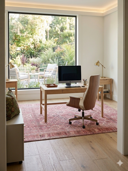 6' x 6' Square Blush Pink & Ivory Distressed Floral Traditional Area Rug styled in a home office with a desk and modern chair.