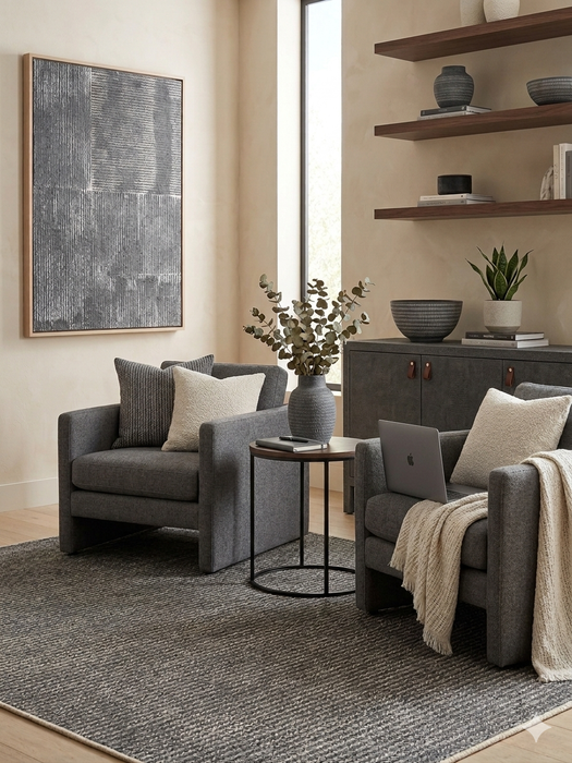 6' x 6' Square Charcoal Gray Textured Minimalist Modern Area Rug placed in a contemporary living room with armchairs, wood shelving, and neutral decor.