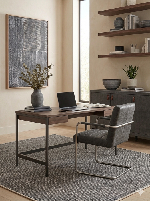 6' x 6' Square Charcoal Gray Textured Minimalist Modern Area Rug placed in a home office with a wooden desk, modern chair, and clean-lined styling.