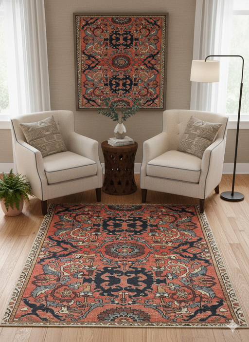 6' x 6' Square Coral & Navy Floral Medallion Traditional Area Rug placed / styled in a cozy living room seating nook between two armchairs.