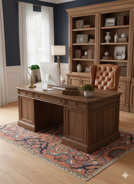 6' x 6' Square Coral & Navy Floral Medallion Traditional Area Rug placed under a wooden desk in a stylish home office with ample natural light and elegant bookshelves.