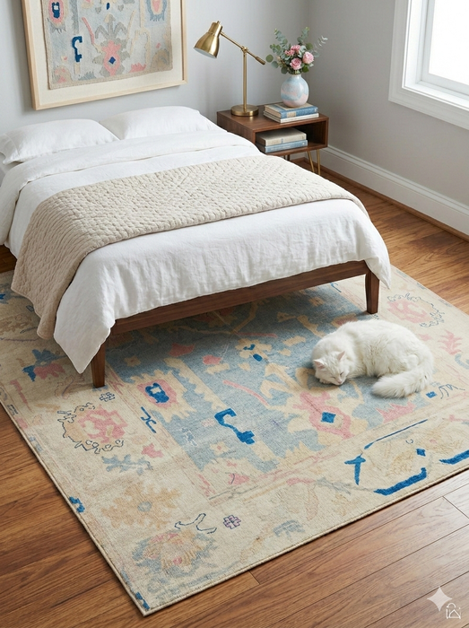 6' x 6' Square Ivory & Blue Tribal Medallion Traditional Area Rug placed in a bedroom beneath a bed with neutral bedding.