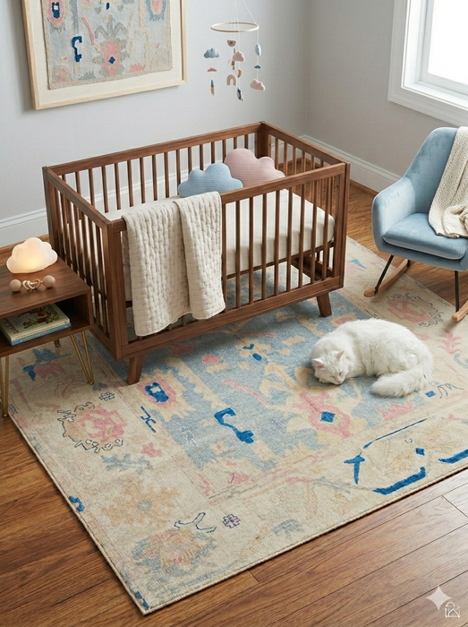 6' x 6' Square Ivory & Blue Tribal Medallion Traditional Area Rug styled in a cozy nursery with wooden crib and soft pastel décor.