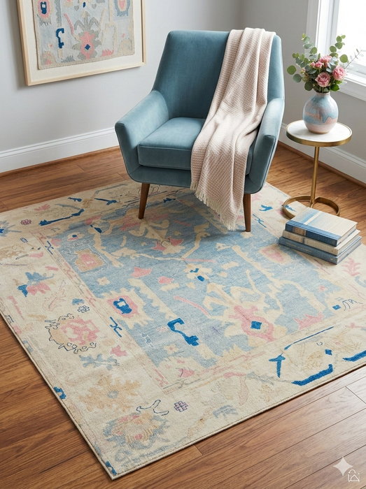 6' x 6' Square Ivory & Blue Tribal Medallion Traditional Area Rug styled in a reading nook with a blue accent chair and side table.