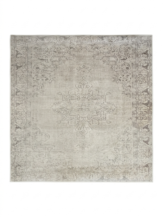 6' x 6' Square Light Gray & Ivory Distressed Medallion Traditional Area Rug isolated on a white background.