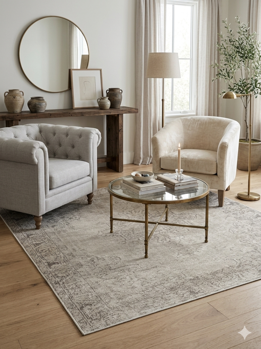 6' x 6' Square Light Gray & Ivory Distressed Medallion Traditional Area Rug styled in a living room with neutral seating and elegant accents.