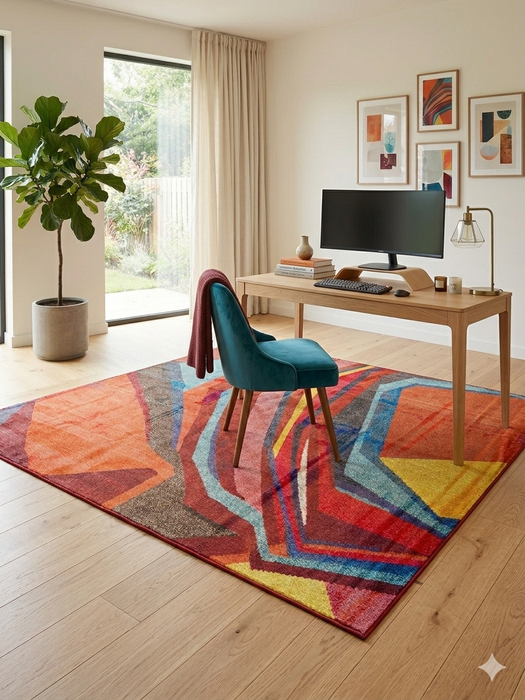 6' x 6' Square Multicolor Modern Abstract Geometric Area Rug styled in a home office with a wooden desk and vibrant decor.