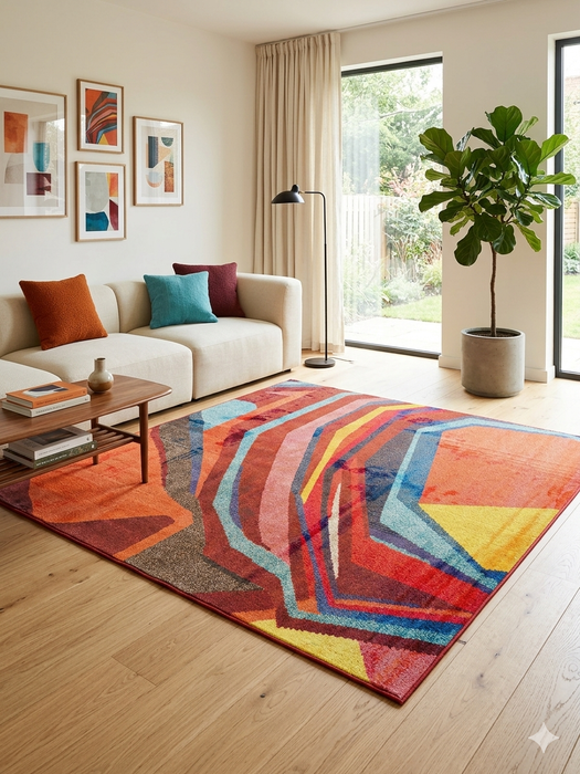 6' x 6' Square Multicolor Modern Abstract Geometric Area Rug styled in a living room with neutral seating and colorful accents.