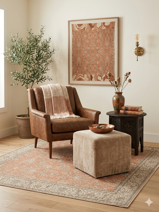 6' x 6' Square Peach & Ivory Floral Medallion Traditional Washable Area Rug placed in a warm reading nook with a leather armchair and ottoman.