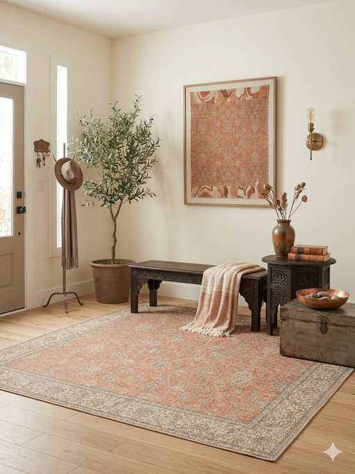 6' x 6' Square Peach & Ivory Floral Medallion Traditional Washable Area Rug placed in a welcoming entryway with a wooden bench.