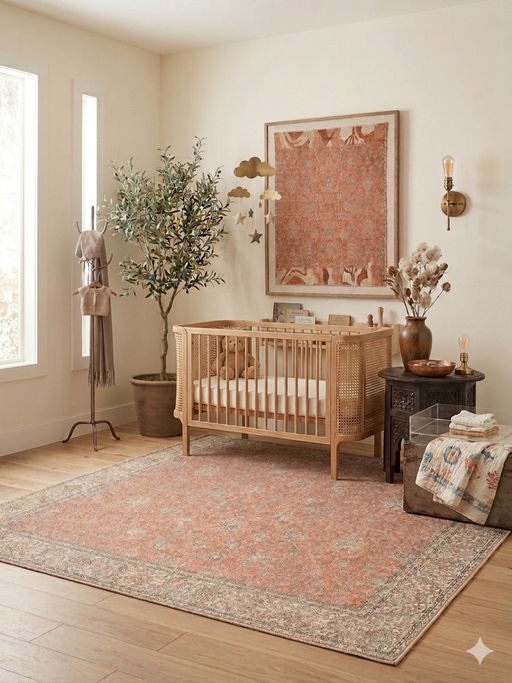 6' x 6' Square Peach & Ivory Floral Medallion Traditional Washable Area Rug styled in a cozy nursery beneath a wooden crib.