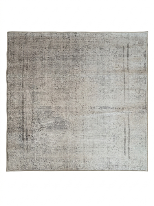 6' x 6' square light gray & ivory distressed abstract modern area rug isolated on a white background.