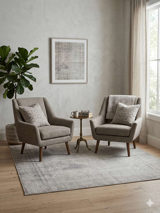 6' x 6' square light gray & ivory distressed abstract modern area rug styled in a cozy seating area with two upholstered chairs and a small round table.