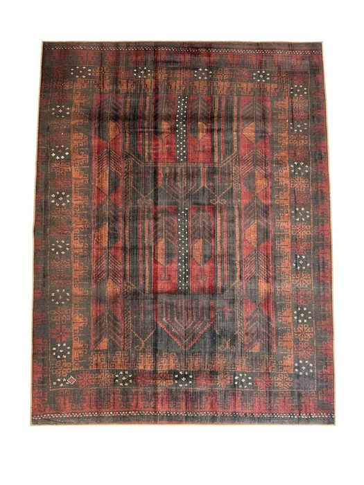 6' x 6' square red & charcoal tribal geometric southwestern area rug isolated on a white background.