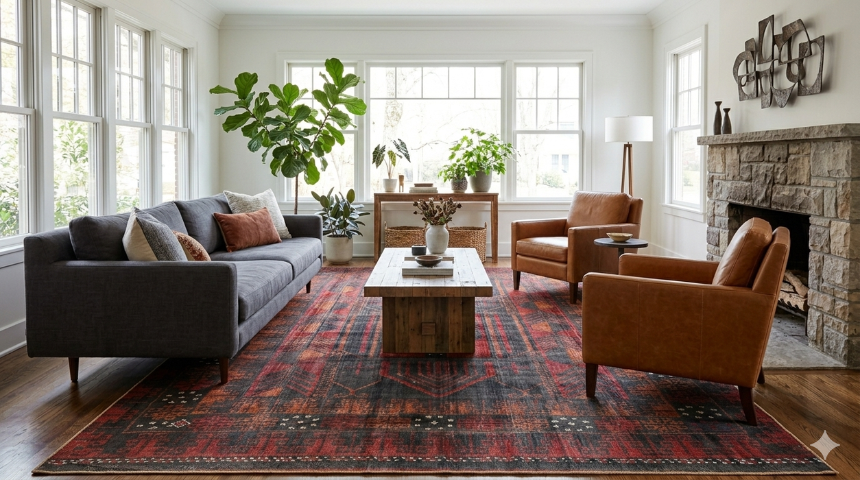 6' x 6' square red & charcoal tribal geometric southwestern area rug placed in a bright living room with a gray sofa, leather chairs, and large windows.