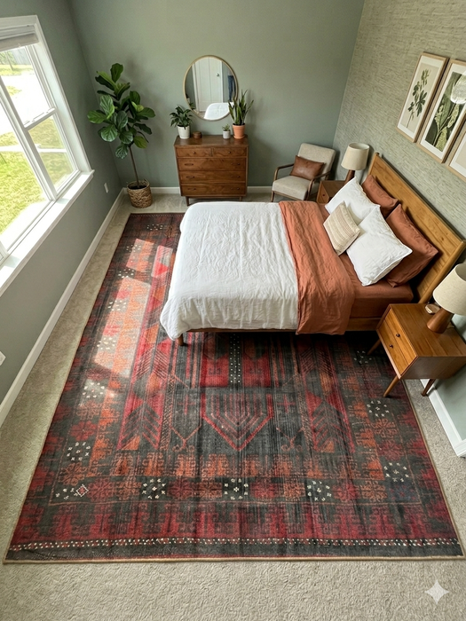 6' x 6' square red & charcoal tribal geometric southwestern area rug styled in a cozy bedroom with warm wood furniture and neutral accents.