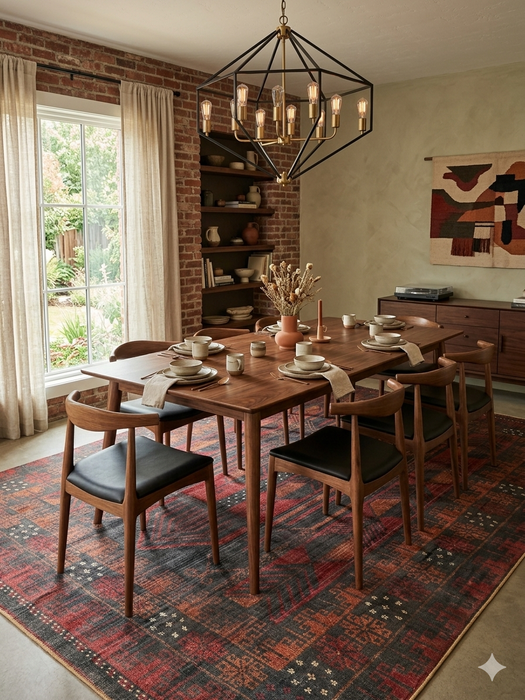 6' x 6' square red & charcoal tribal geometric southwestern area rug styled in a dining room with a wooden table and modern rustic decor.