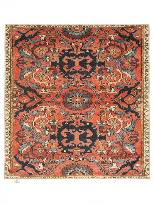 6' x 6' square rust orange & blue floral medallion traditional area rug isolated on a white background.