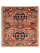 6' x 6' square rust orange & blue floral medallion traditional area rug isolated on a white background.