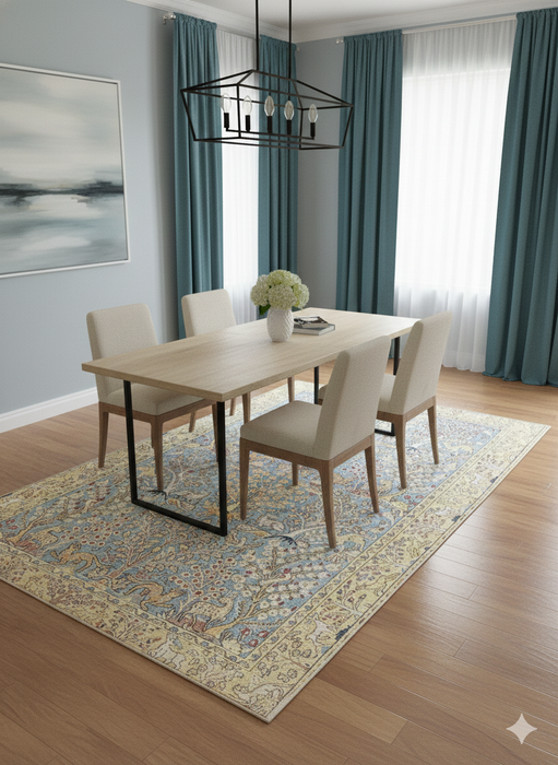 6' x 9' Rectangle Blue & Ivory Floral Traditional Area Rug placed in a formal dining room.