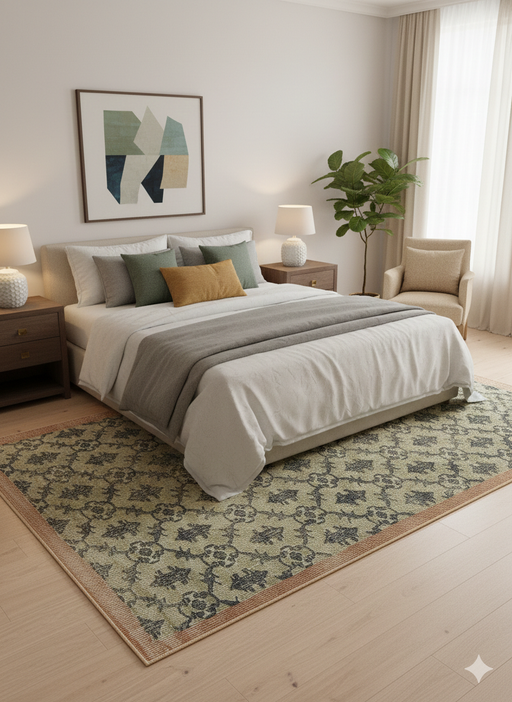 6' x 9' Rectangle Sage Green & Charcoal Medallion Traditional Washable Area Rug styled in an elegant bedroom with wood nightstands.