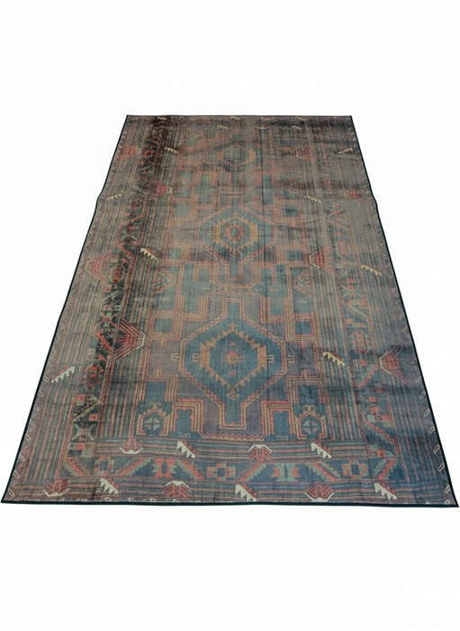 6' x 9' Rectangle Teal Blue Rust Area Rug in Geometric Traditional Pattern.