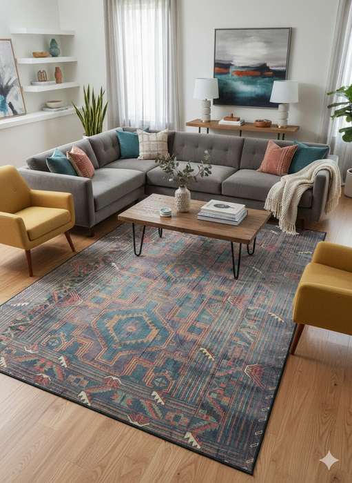 6' x 9' Rectangle Teal Blue Rust Geometric Traditional Area Rug  styled in a contemporary living room.