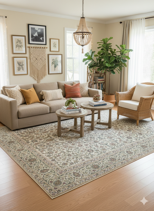6' x 9' Rectangular Beige & Blue Floral Medallion Traditional Washable Area Rug placed in a cozy living room with a neutral sofa, woven chairs, and warm wood flooring.