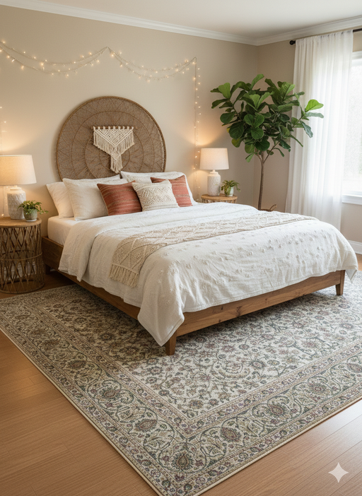 6' x 9' Rectangular Beige & Blue Floral Medallion Traditional Washable Area Rug placed in a serene bedroom with neutral bedding, warm wood furniture, and soft natural light.