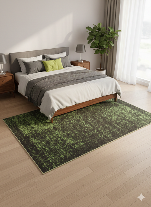 6' x 9' Rectangular Black & Green Digital Print Modern Washable Area Rug placed in a serene bedroom with neutral-toned bedding, natural light, and a contemporary design.