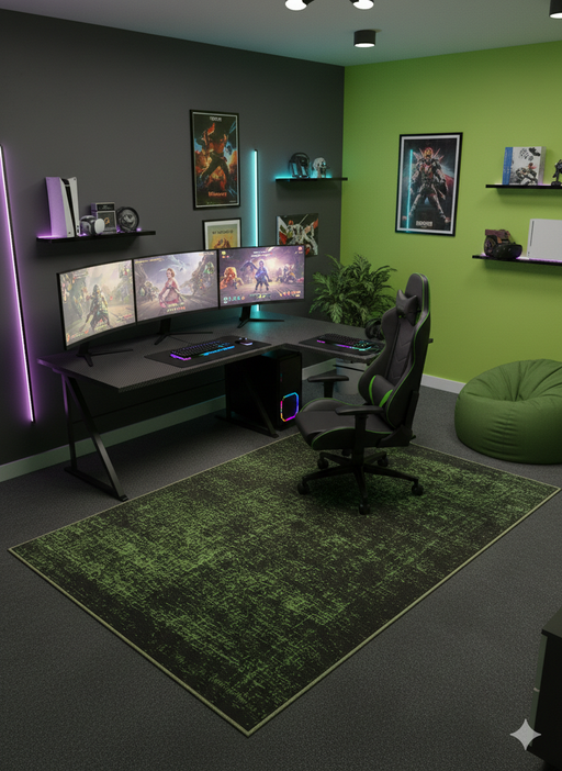 6' x 9' Rectangular Black & Green Digital Print Modern Washable Area Rug placed in a sleek gaming room with vibrant green walls, multi-screen setup, and LED lighting.