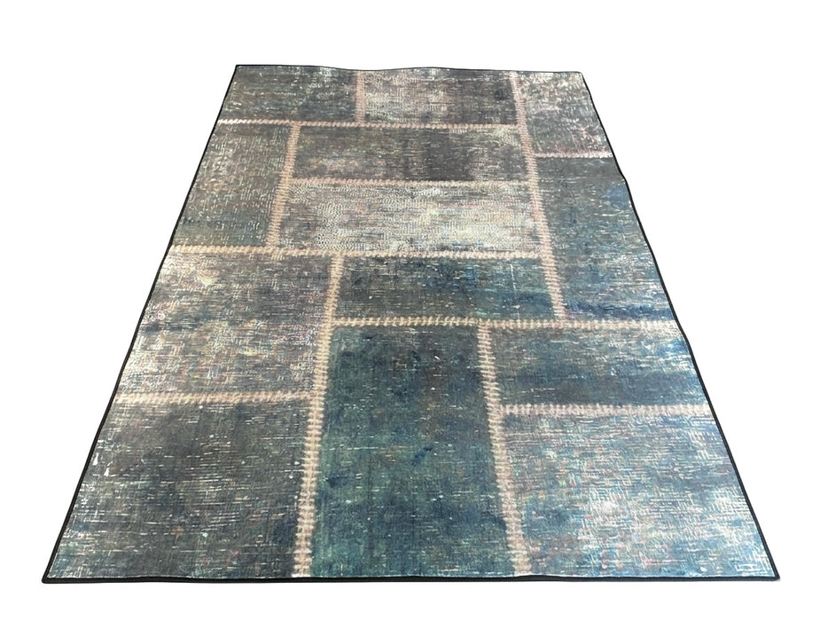 6' x 9' Rectangular Blue & Gray Grid Abstract Modern Area Rug displayed on a plain background.