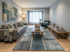 6' x 9' Rectangular Blue & Gray Grid Abstract Modern Area Rug placed in a contemporary living room beneath a wooden coffee table.