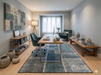 6' x 9' Rectangular Blue & Gray Grid Abstract Modern Area Rug placed in a minimalist home office beneath a wooden desk.