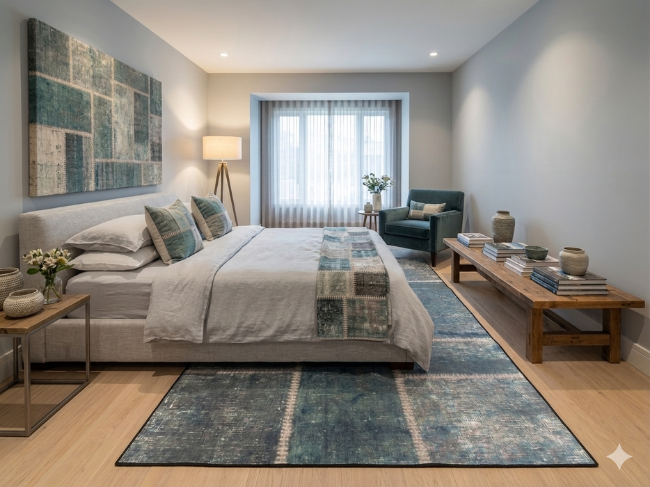 6' x 9' Rectangular Blue & Gray Grid Abstract Modern Area Rug styled in a modern bedroom under a white upholstered bed.