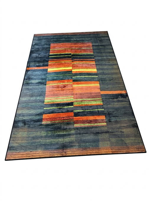 6' x 9' Rectangular Blue & Orange Geometric Modern Area Rug isolated on a white background.
