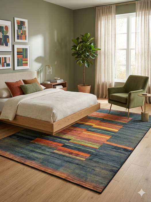 6' x 9' Rectangular Blue & Orange Geometric Modern Area Rug styled in a bedroom with clean lines and modern furnishings.