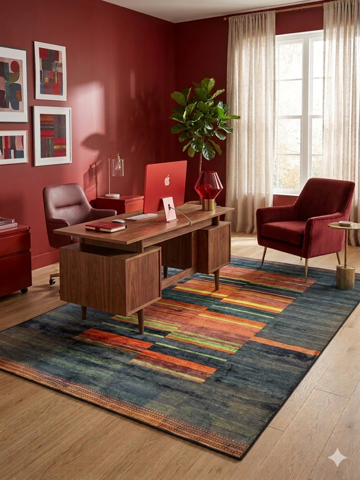 6' x 9' Rectangular Blue & Orange Geometric Modern Area Rug styled in a home office with bold wall color and contemporary decor.