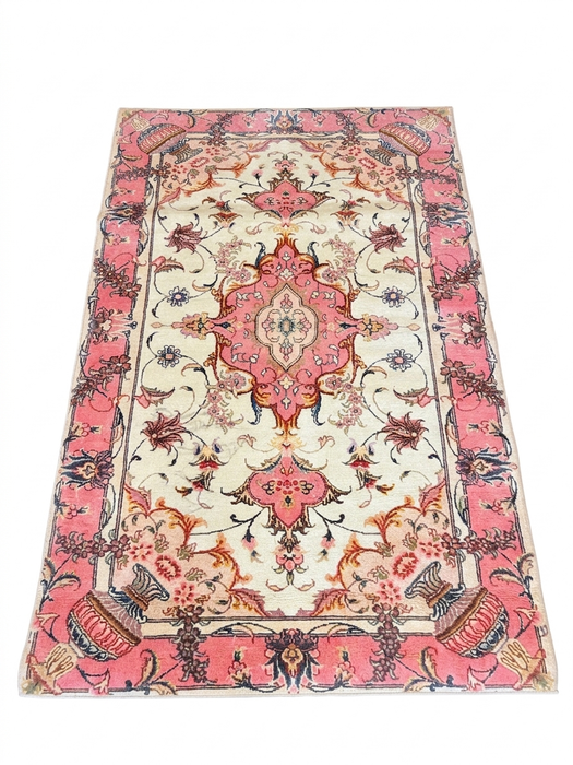 6' x 9' Rectangular Cream & Pink Floral Oriental Traditional Area Rug isolated on a white background.